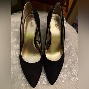 Black Suede Sears Heels with Gold Insole